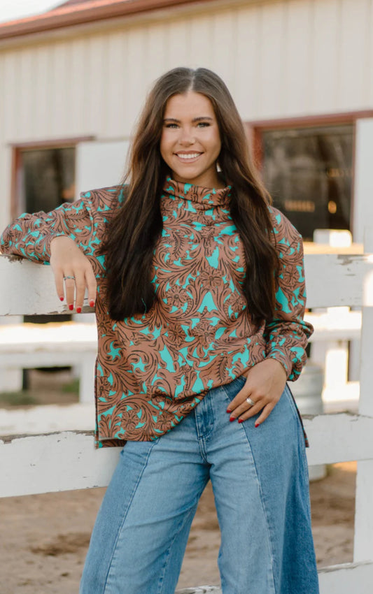 Turquoise Tooled Mock Neck