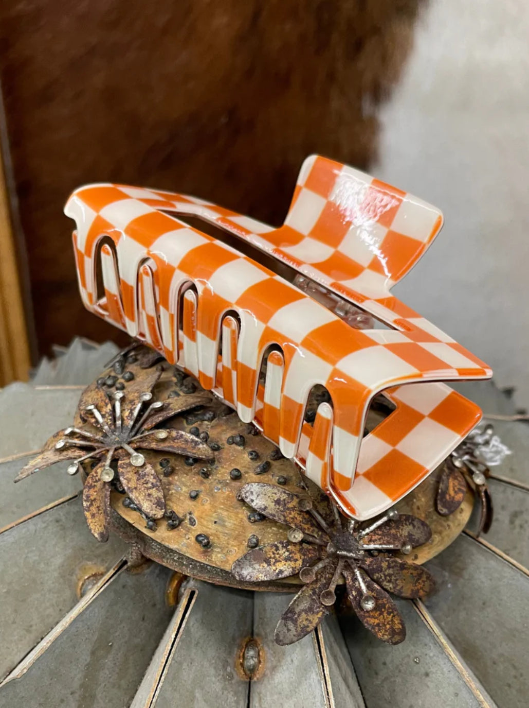 Checked Funky Orange Hair Clip