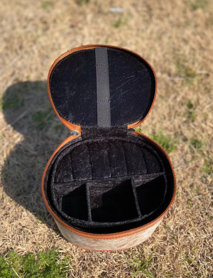 Tooled Leather & Cowhide Mini Round Jewelry Box