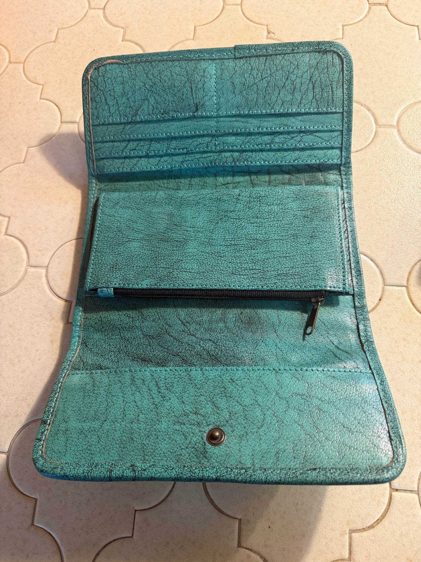 Turquoise Rustic Tooled Leather Wallet