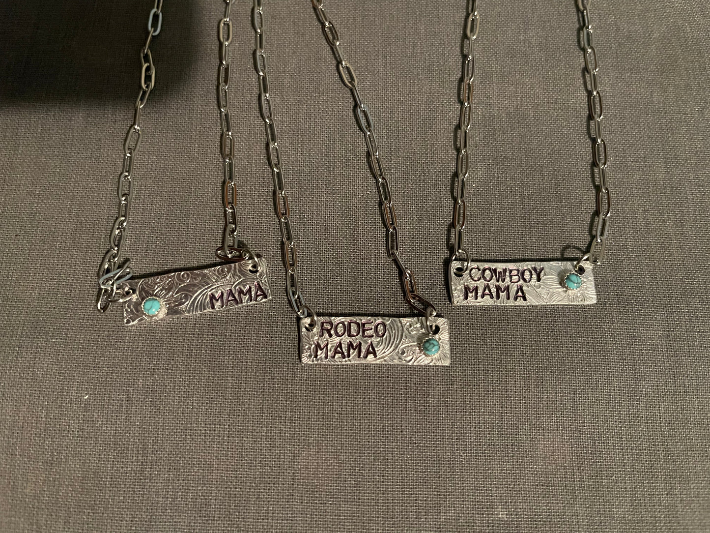 Stamped Bar necklace w/Turq stone