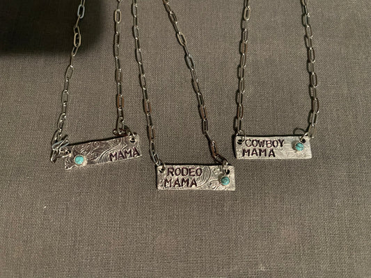 Stamped Bar necklace w/Turq stone