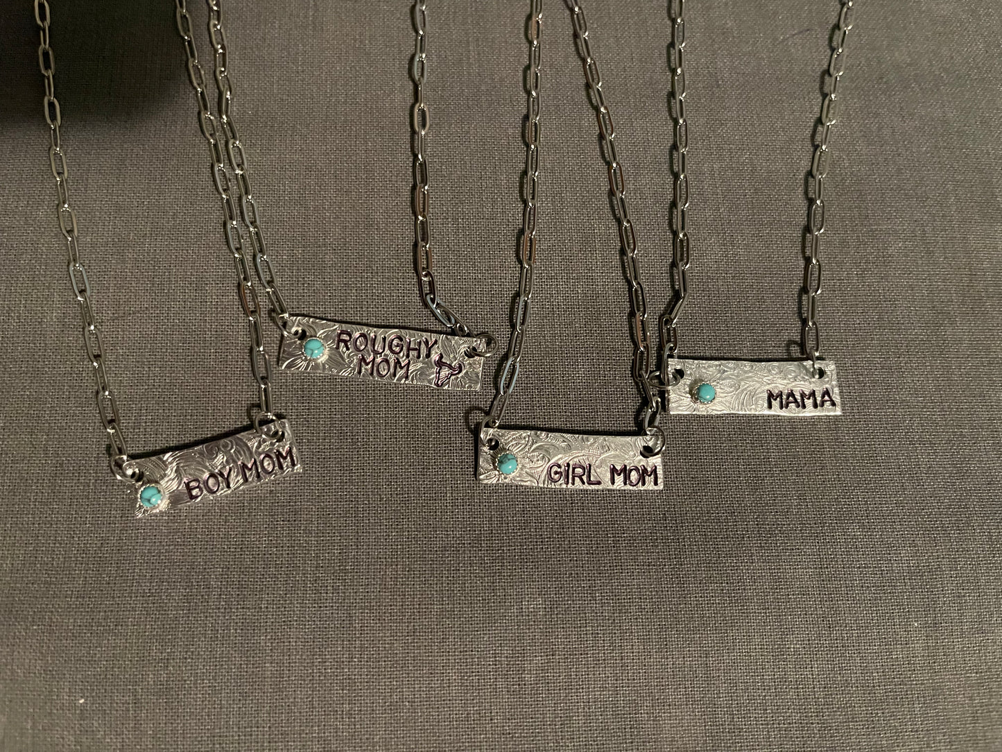 Stamped Bar necklace w/Turq stone