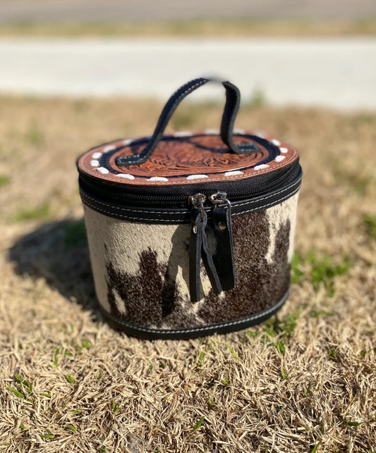 Tooled Leather & Cowhide Mini Round Jewelry Box