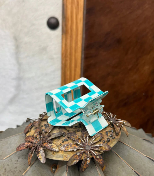 Mini Checked Turquoise Hair Clip