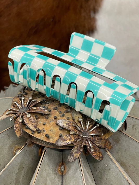 Checked Funky Turquoise Hair Clip