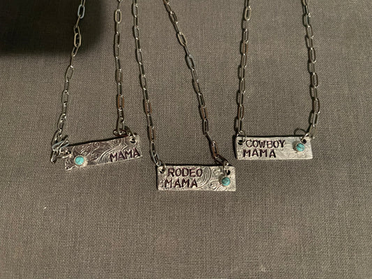 Stamped Bar necklace w/Turq stone